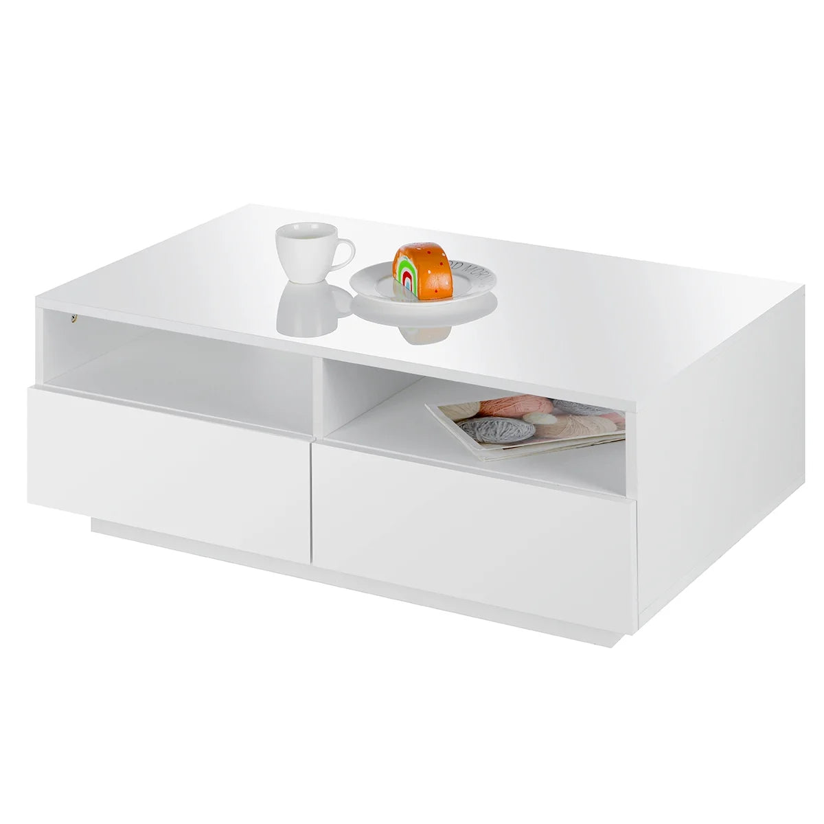 High Gloss White Coffee Table with 4 Drawers and Open Shelf LED Sofa Side End Tea Table Modern Center Tables with Storage