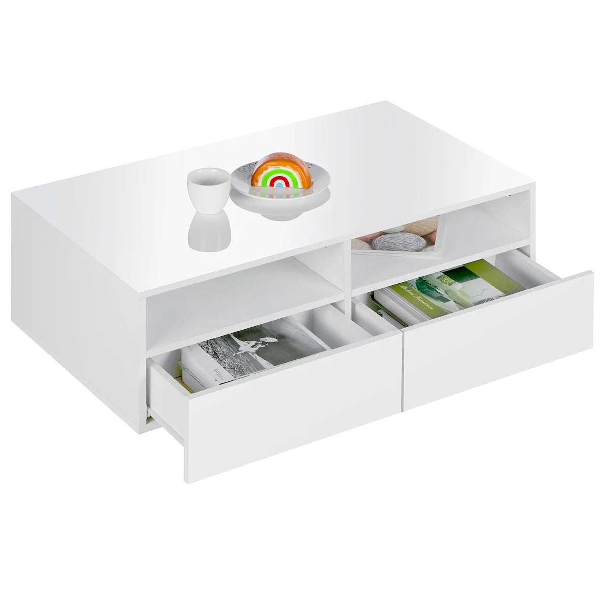 High Gloss White Coffee Table with 4 Drawers and Open Shelf LED Sofa Side End Tea Table Modern Center Tables with Storage