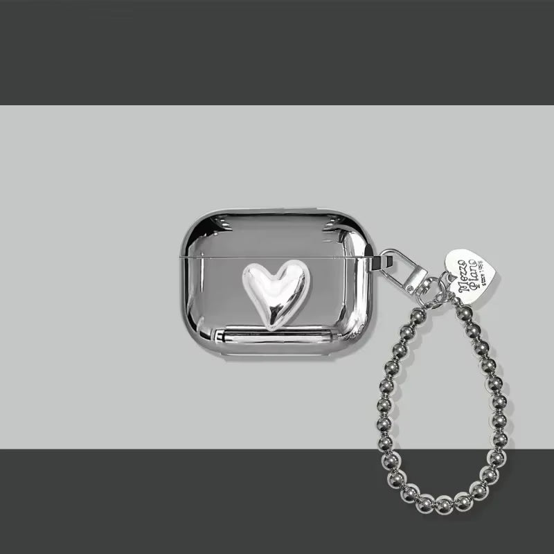 Luxury Electroplated Silver Earphone Box for Apple Airpods Pro2 Case for Airpods 4 1 or 2 3 Cover Simple Abstract Heart Keyring