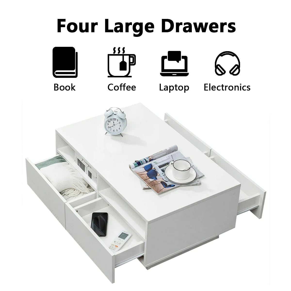 High Gloss White Coffee Table with 4 Drawers and Open Shelf LED Sofa Side End Tea Table Modern Center Tables with Storage