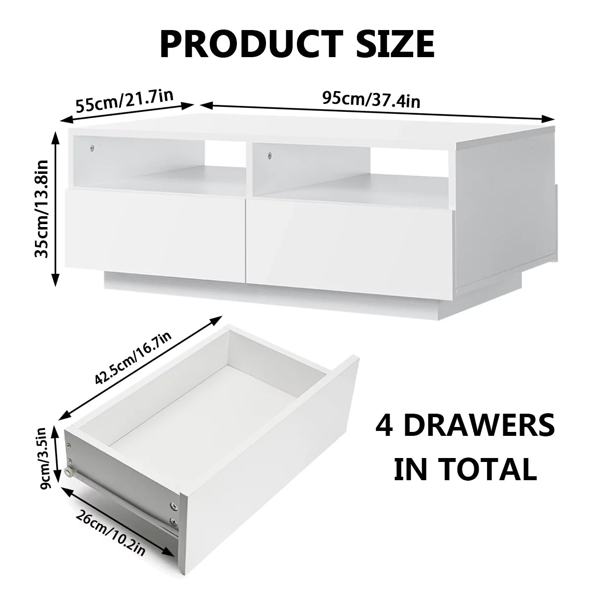 High Gloss White Coffee Table with 4 Drawers and Open Shelf LED Sofa Side End Tea Table Modern Center Tables with Storage