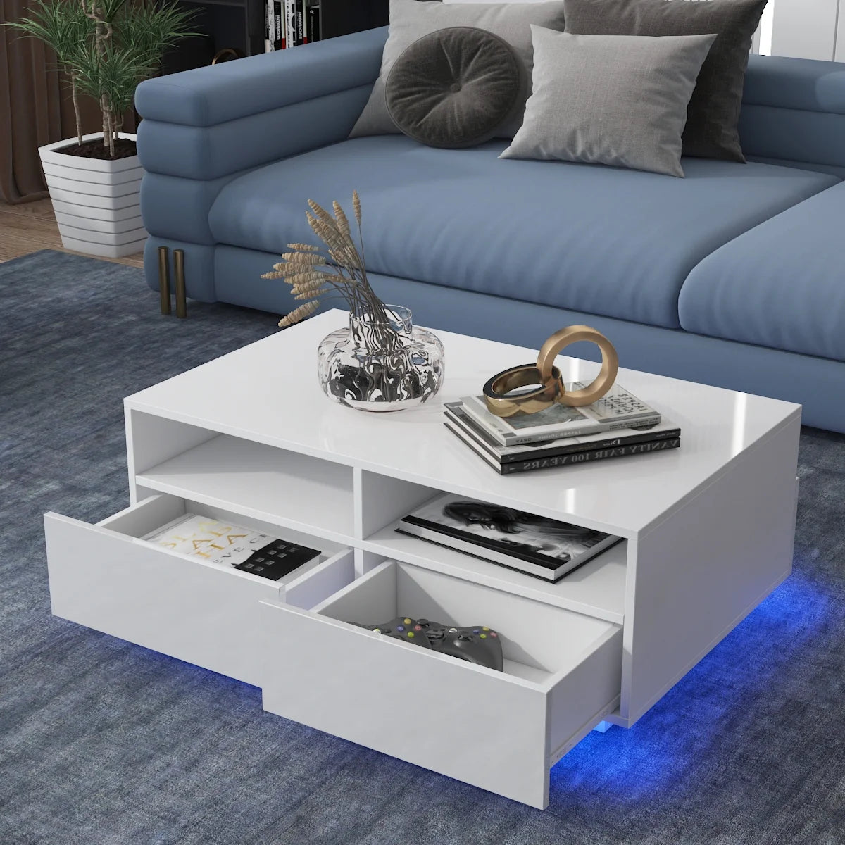 High Gloss White Coffee Table with 4 Drawers and Open Shelf LED Sofa Side End Tea Table Modern Center Tables with Storage