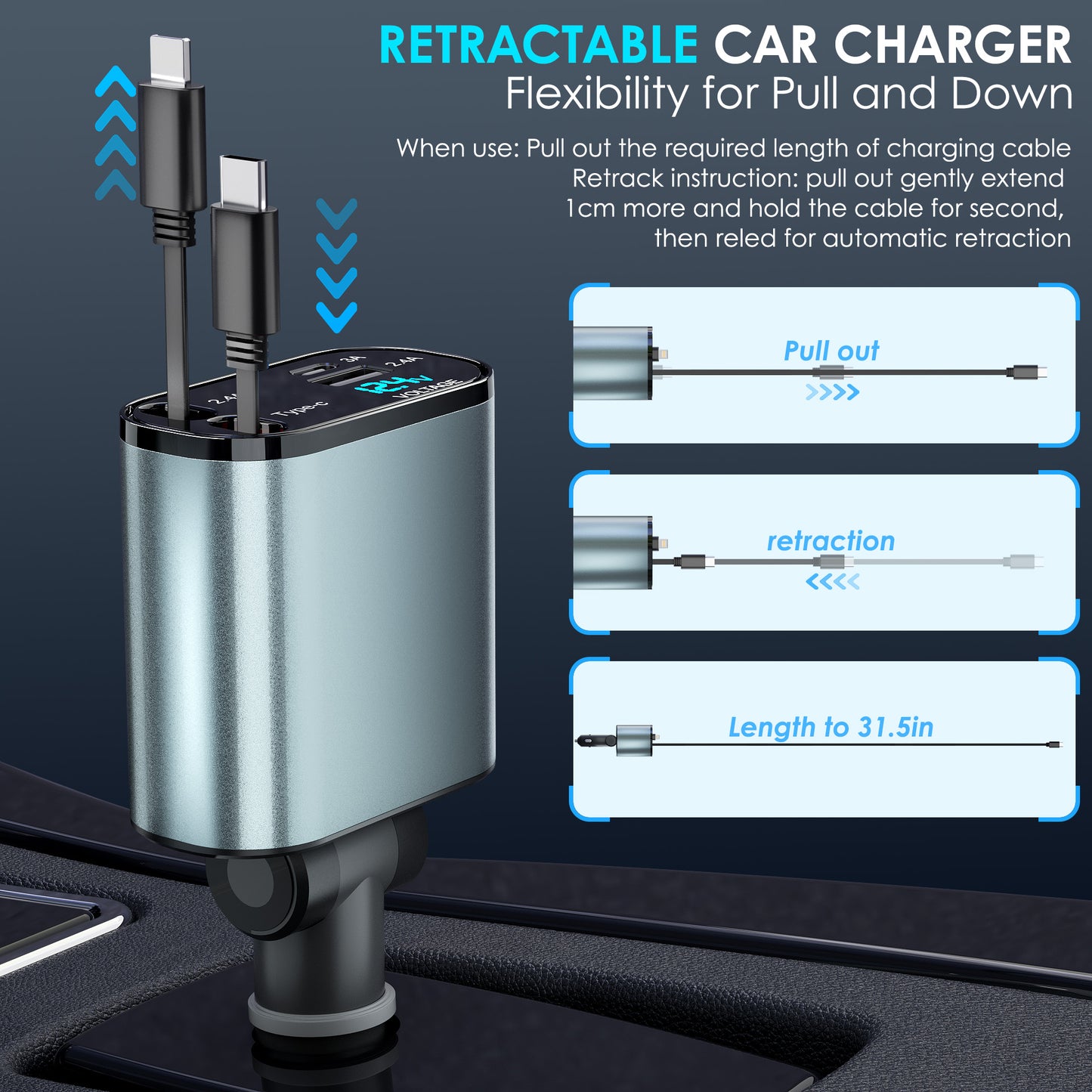 Retractable Car Charger, 66W 4 in 1 Fast Car Phone Charger with 2 Retractable Cables(31.5 Inch) & USB Car Charger, Compatible with Iphone 16/15/14/13/12/11,Ipad,Galaxy,Pixel