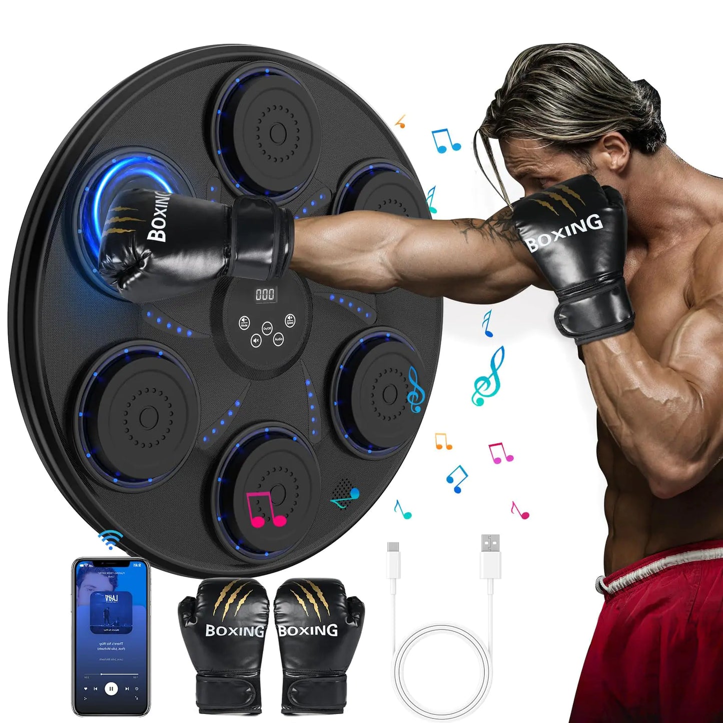 Generic Music Boxing Machine with Boxing Gloves Bluetooth Boxing Equipment Wall Mount Electronic Boxing Machine Black