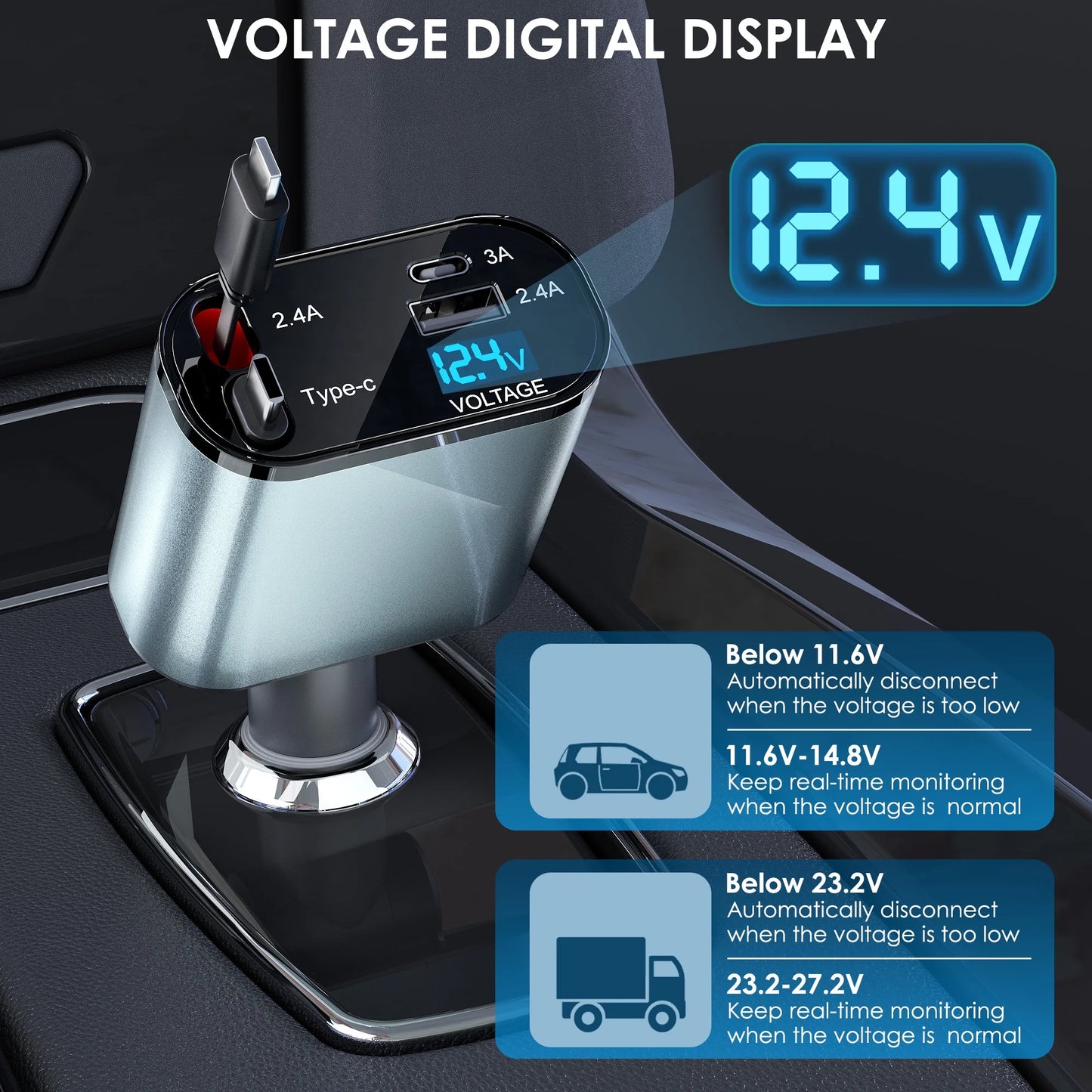 Retractable Car Charger, 66W 4 in 1 Fast Car Phone Charger with 2 Retractable Cables(31.5 Inch) & USB Car Charger, Compatible with Iphone 16/15/14/13/12/11,Ipad,Galaxy,Pixel