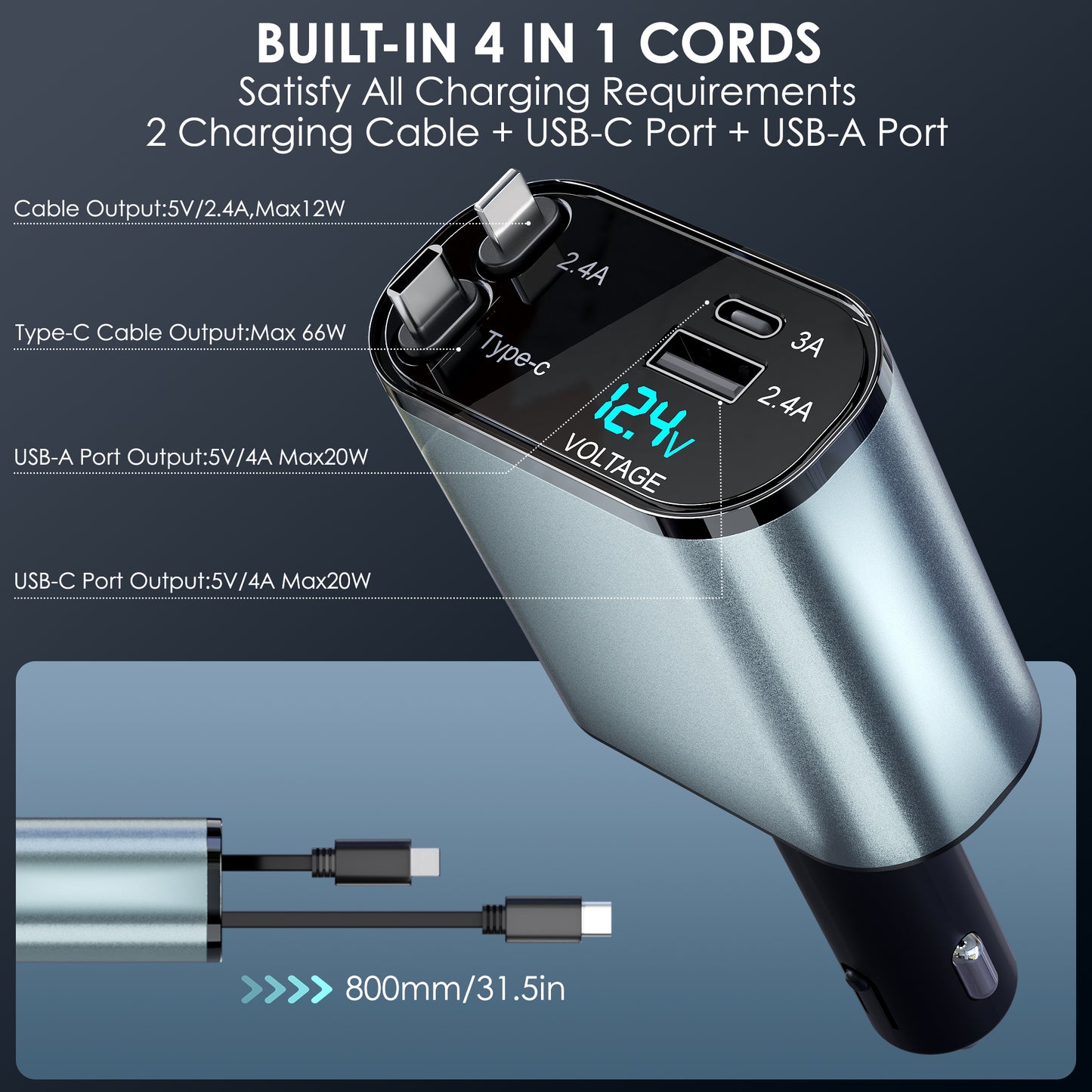 Retractable Car Charger, 66W 4 in 1 Fast Car Phone Charger with 2 Retractable Cables(31.5 Inch) & USB Car Charger, Compatible with Iphone 16/15/14/13/12/11,Ipad,Galaxy,Pixel