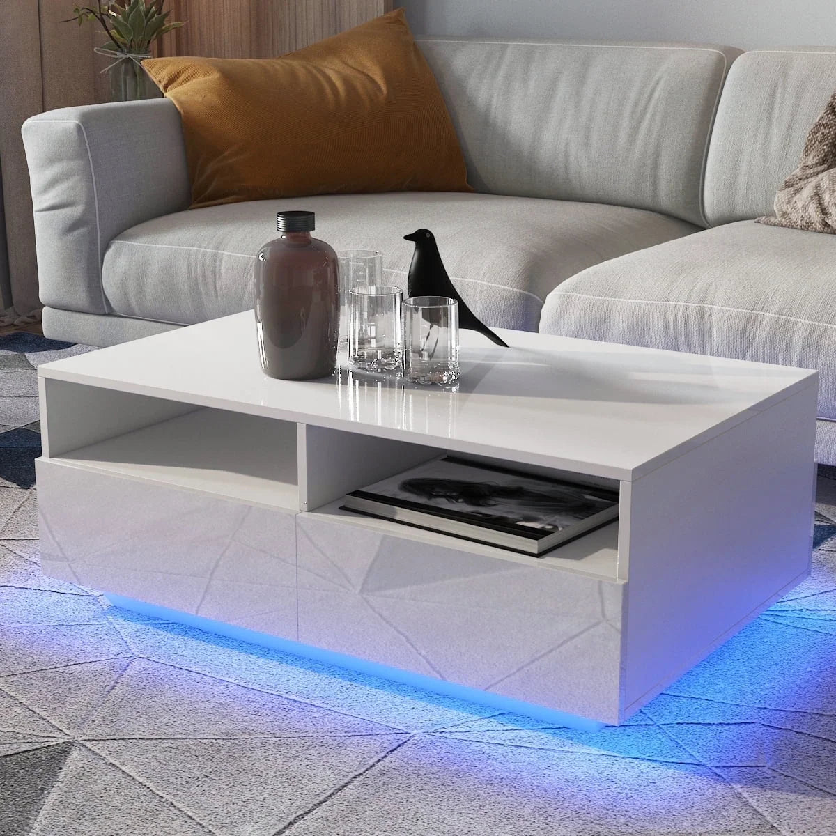 High Gloss White Coffee Table with 4 Drawers and Open Shelf LED Sofa Side End Tea Table Modern Center Tables with Storage