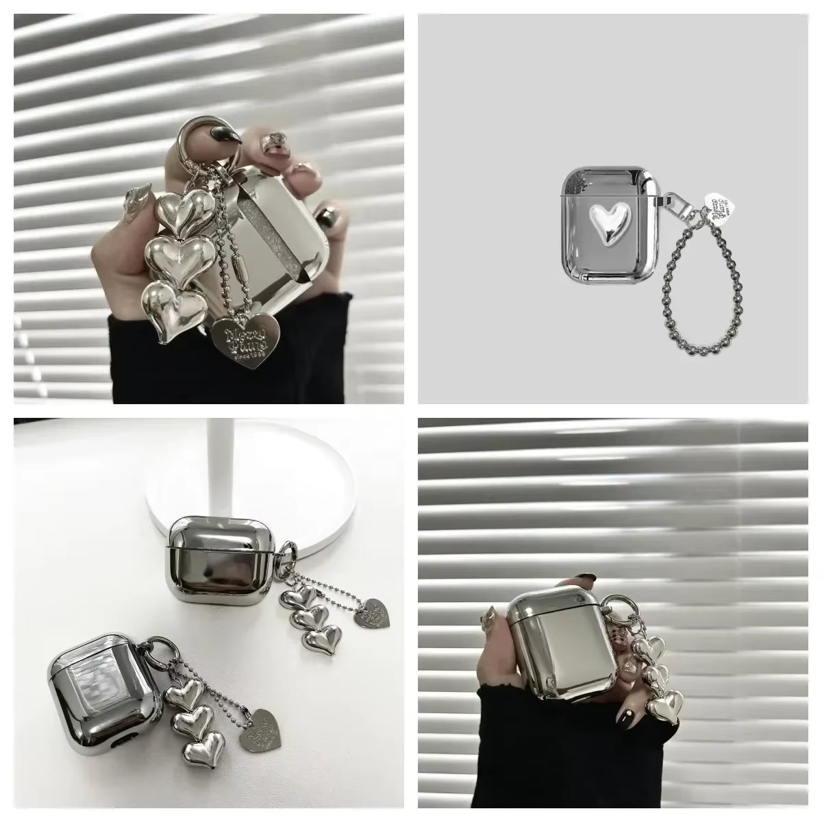 Luxury Electroplated Silver Earphone Box for Apple Airpods Pro2 Case for Airpods 4 1 or 2 3 Cover Simple Abstract Heart Keyring