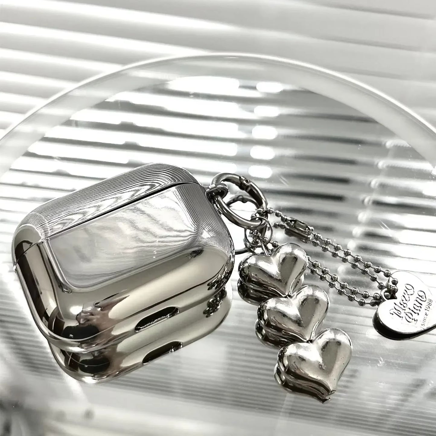 Luxury Electroplated Silver Earphone Box for Apple Airpods Pro2 Case for Airpods 4 1 or 2 3 Cover Simple Abstract Heart Keyring