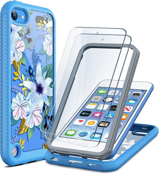 Case Compatible with Ipod Touch 7Th/6Th/5Th Generation with 2PCS HD Screen Protector, Shockproof TPU Bumper 2 in 1 Rugged Back Cover for Ipod Touch 7 6 5, Blossom Blue