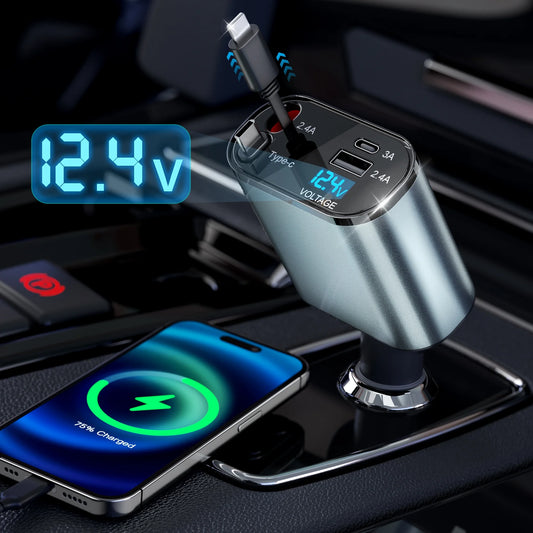 Retractable Car Charger, 66W 4 in 1 Fast Car Phone Charger with 2 Retractable Cables(31.5 Inch) & USB Car Charger, Compatible with Iphone 16/15/14/13/12/11,Ipad,Galaxy,Pixel