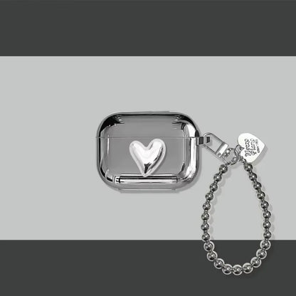 Luxury Electroplated Silver Earphone Box for Apple Airpods Pro2 Case for Airpods 4 1 or 2 3 Cover Simple Abstract Heart Keyring