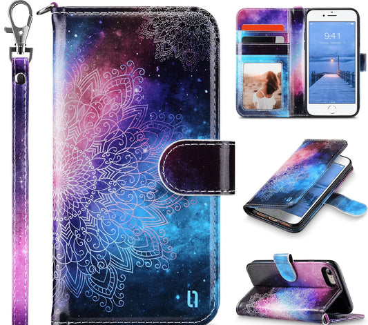 Wallet Phone Case for Iphone SE 5G 2022,Iphone SE 2020,Iphone 8 7,Shockproof Kickstand Flip Case for Apple Iphone SE 3 2 Geneneration/7/8 with Credit Card Holder for Girls Women, Mandala Flower