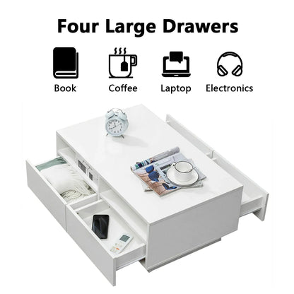 High Gloss White Coffee Table with 4 Drawers and Open Shelf LED Sofa Side End Tea Table Modern Center Tables with Storage