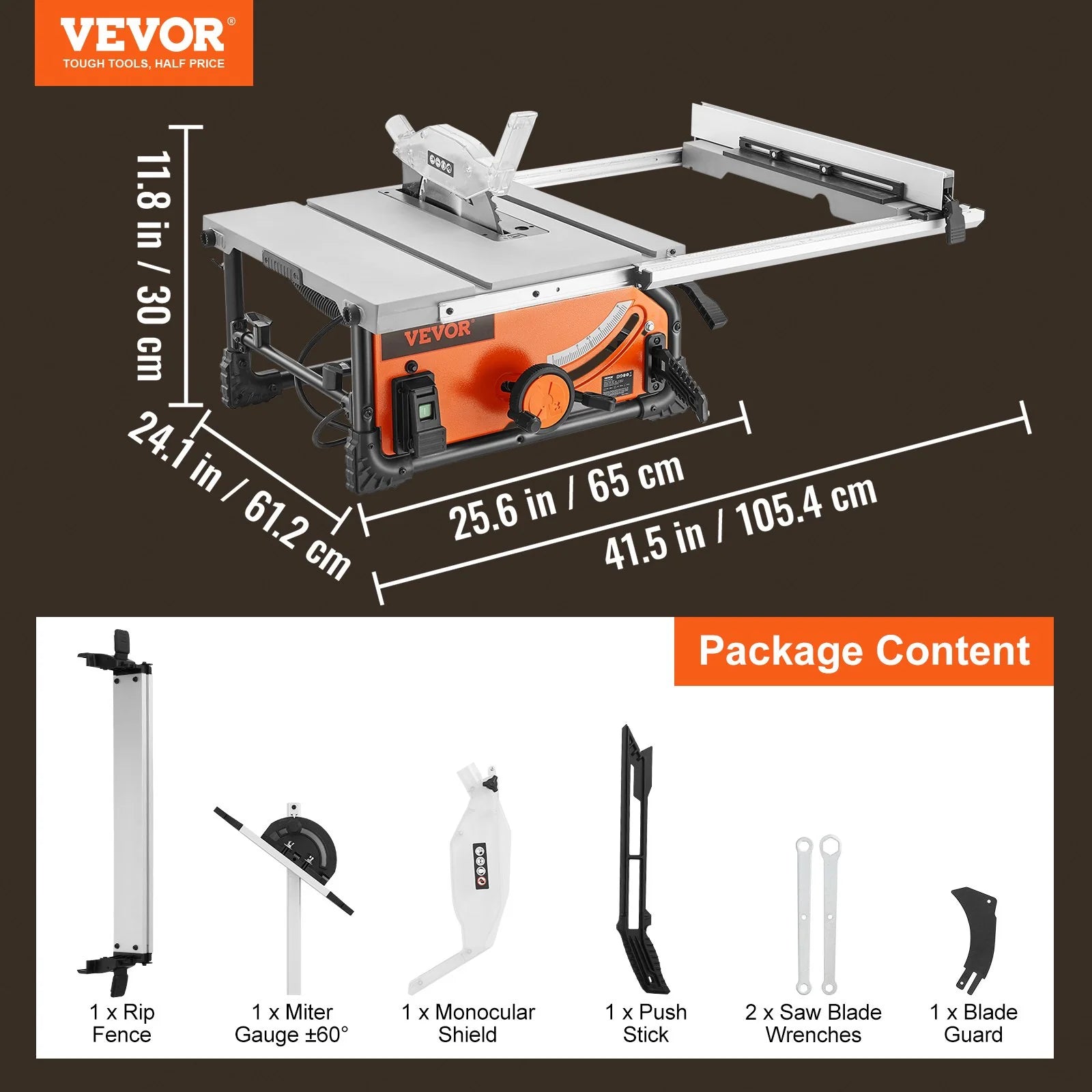 VEVOR 10 Table Saw Electric Cutting Machine 4500RPM 25-In Rip Capacity Woodwork