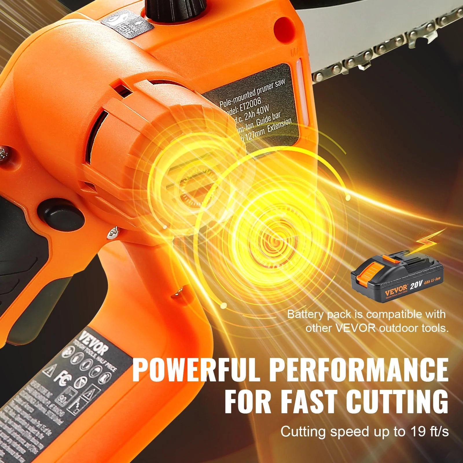 VEVOR 2-In-1 Cordless Pole Saw & Mini Chainsaw, 20V 4Ah Battery Pole Chainsaw, 5 Cutting Capacity 8 Ft Reach Pole Saw for Branch Cutting & Tree Trimming (Battery and Blade Cover Included)