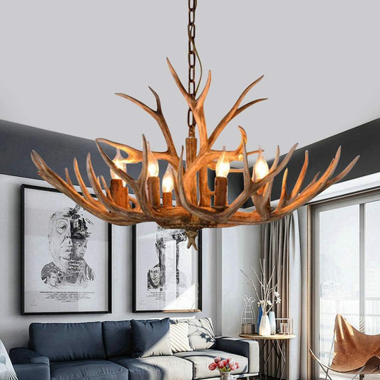 Resin Antlers Chandelier, 6 Antlers Light Retro Vintage Rustic Antique Style, Adjustable Height with E12 Base, for Living Room, Kitchen, Cabin, Bedroom Decor and More