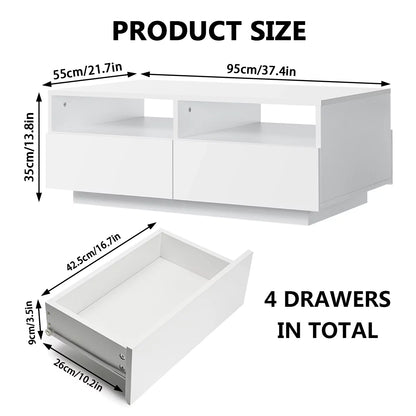 High Gloss White Coffee Table with 4 Drawers and Open Shelf LED Sofa Side End Tea Table Modern Center Tables with Storage