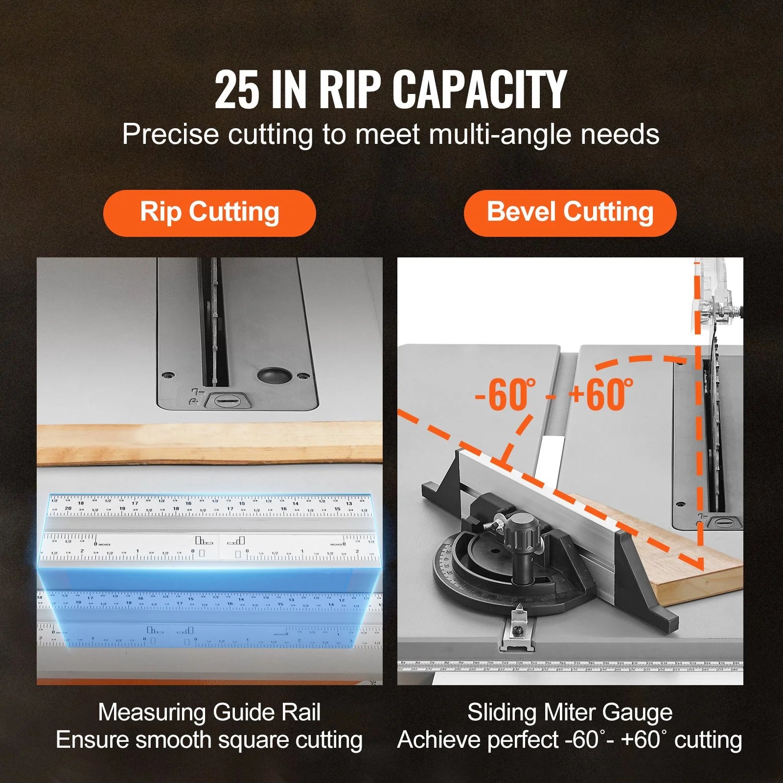 VEVOR 10 Table Saw Electric Cutting Machine 4500RPM 25-In Rip Capacity Woodwork