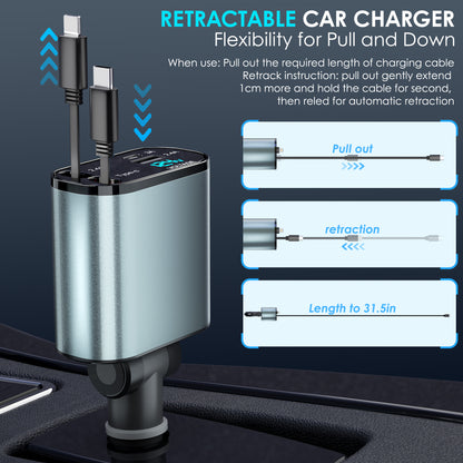 Retractable Car Charger, 66W 4 in 1 Fast Car Phone Charger with 2 Retractable Cables(31.5 Inch) & USB Car Charger, Compatible with Iphone 16/15/14/13/12/11,Ipad,Galaxy,Pixel