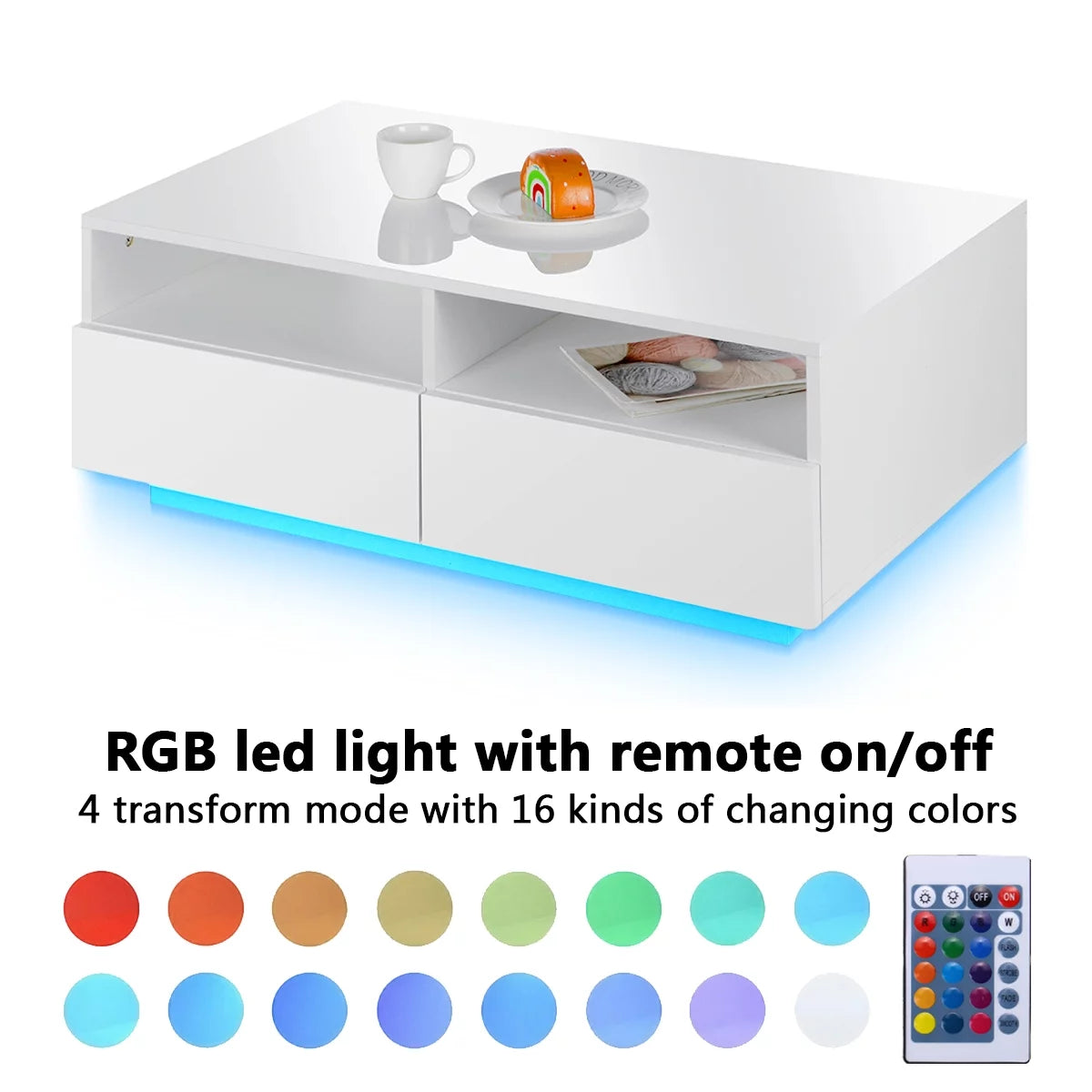 High Gloss White Coffee Table with 4 Drawers and Open Shelf LED Sofa Side End Tea Table Modern Center Tables with Storage