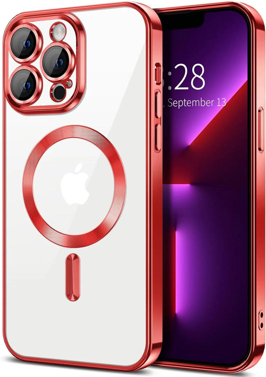 Transparent Phone Case for Apple Iphone 13 Clear Magnetic Case, [Yellow Resistant] Slim Fit Shockproof Transparent Crystal Clear Magnetic Case for Apple Iphone 13, Red