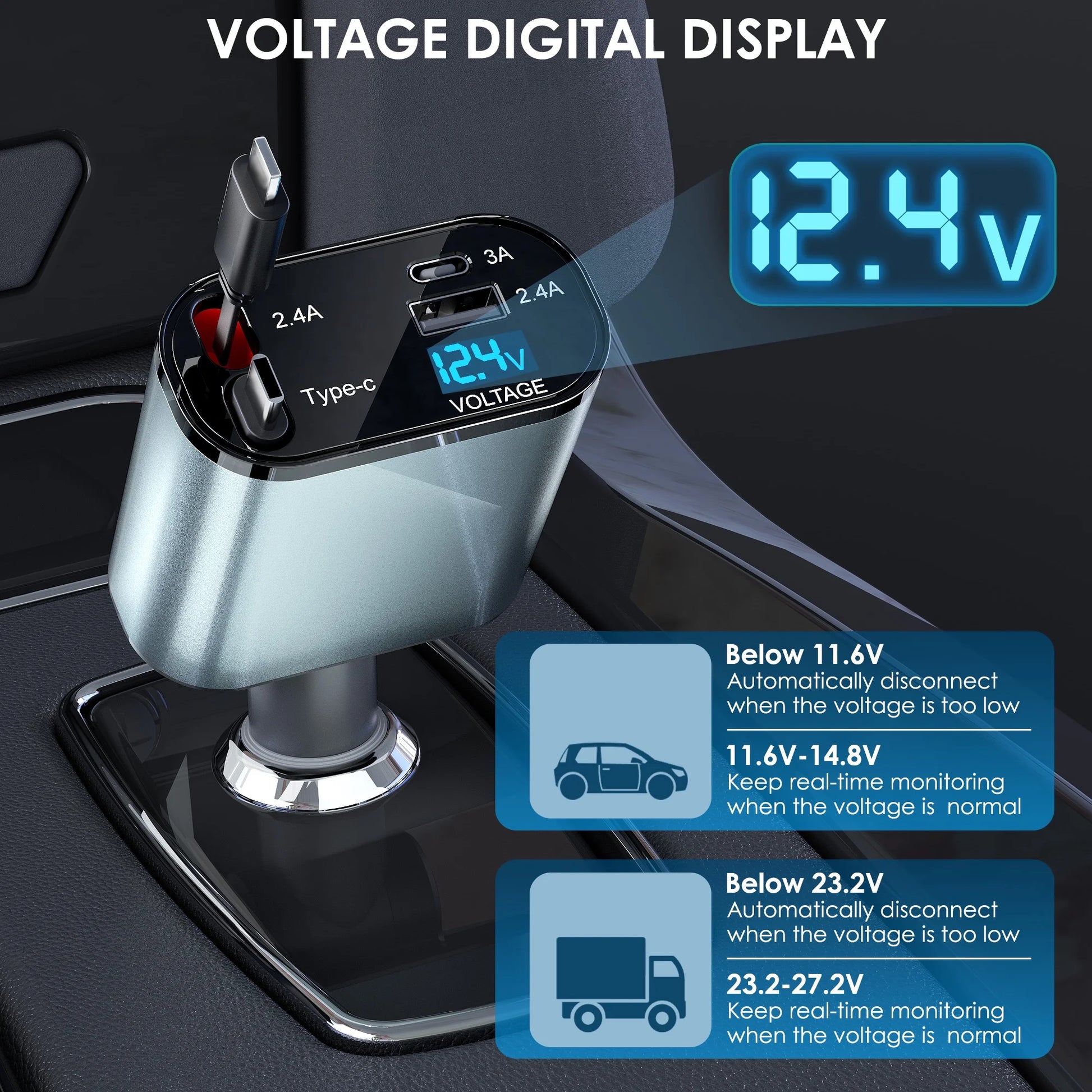 Retractable Car Charger, 66W 4 in 1 Fast Car Phone Charger with 2 Retractable Cables(31.5 Inch) & USB Car Charger, Compatible with Iphone 16/15/14/13/12/11,Ipad,Galaxy,Pixel