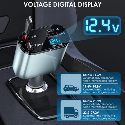 Retractable Car Charger, 66W 4 in 1 Fast Car Phone Charger with 2 Retractable Cables(31.5 Inch) & USB Car Charger, Compatible with Iphone 16/15/14/13/12/11,Ipad,Galaxy,Pixel