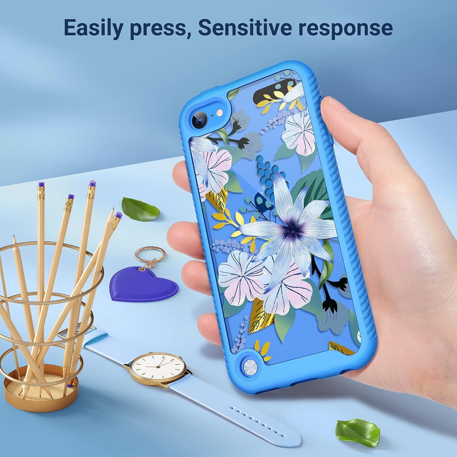 Case Compatible with Ipod Touch 7Th/6Th/5Th Generation with 2PCS HD Screen Protector, Shockproof TPU Bumper 2 in 1 Rugged Back Cover for Ipod Touch 7 6 5, Blossom Blue