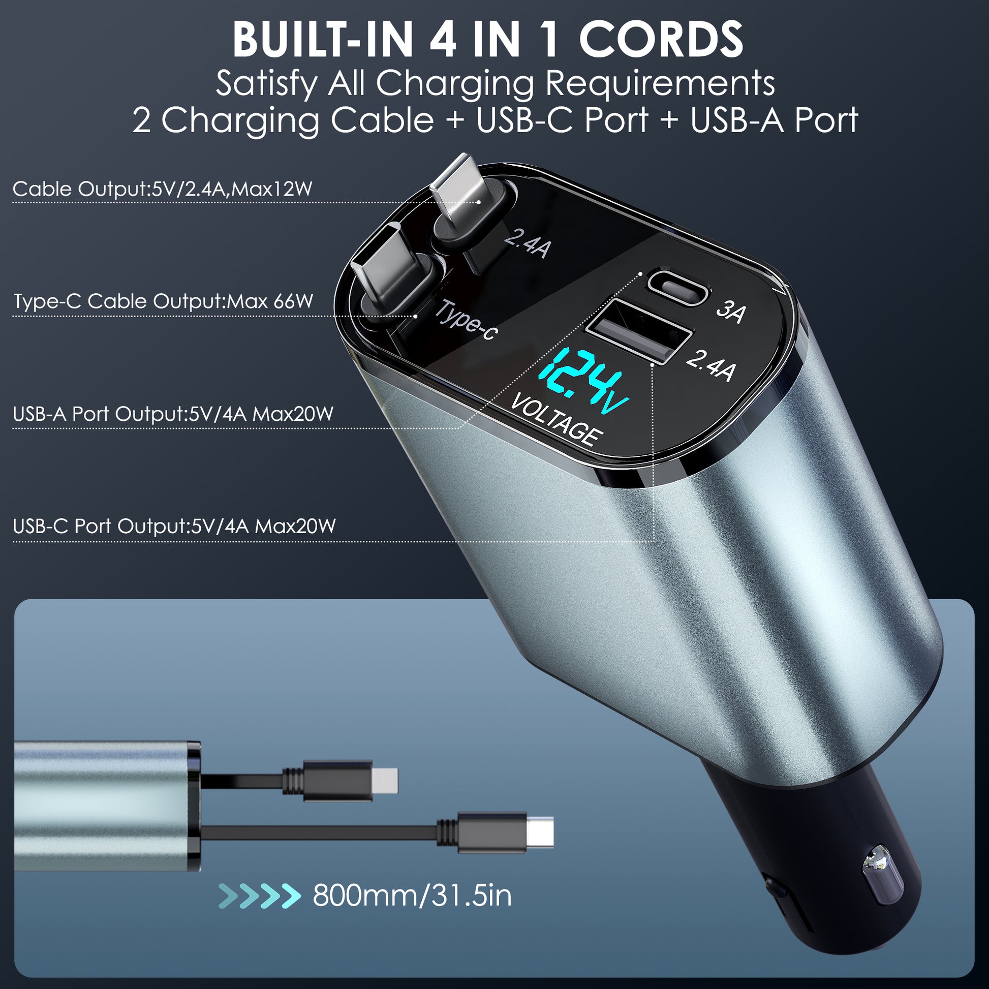 Retractable Car Charger, 66W 4 in 1 Fast Car Phone Charger with 2 Retractable Cables(31.5 Inch) & USB Car Charger, Compatible with Iphone 16/15/14/13/12/11,Ipad,Galaxy,Pixel