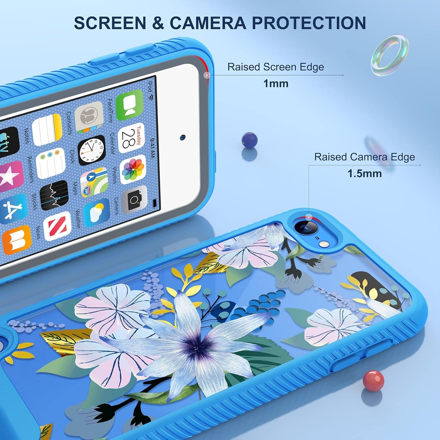 Case Compatible with Ipod Touch 7Th/6Th/5Th Generation with 2PCS HD Screen Protector, Shockproof TPU Bumper 2 in 1 Rugged Back Cover for Ipod Touch 7 6 5, Blossom Blue