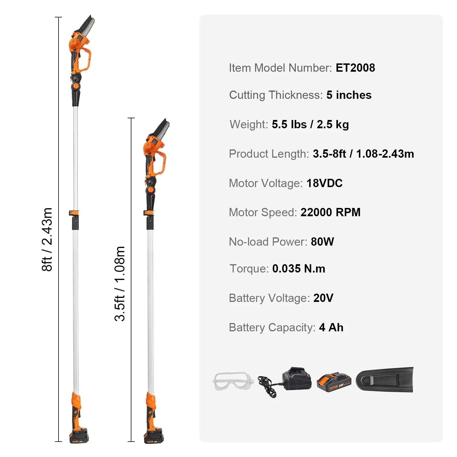 VEVOR 2-In-1 Cordless Pole Saw & Mini Chainsaw, 20V 4Ah Battery Pole Chainsaw, 5 Cutting Capacity 8 Ft Reach Pole Saw for Branch Cutting & Tree Trimming (Battery and Blade Cover Included)