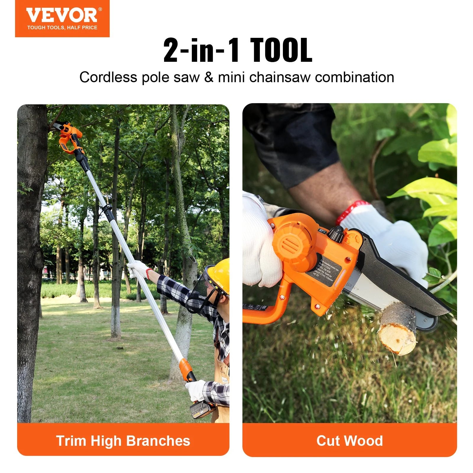 VEVOR 2-In-1 Cordless Pole Saw & Mini Chainsaw, 20V 4Ah Battery Pole Chainsaw, 5 Cutting Capacity 8 Ft Reach Pole Saw for Branch Cutting & Tree Trimming (Battery and Blade Cover Included)