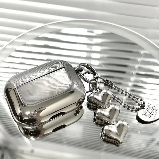 Luxury Electroplated Silver Earphone Box for Apple Airpods Pro2 Case for Airpods 4 1 or 2 3 Cover Simple Abstract Heart Keyring