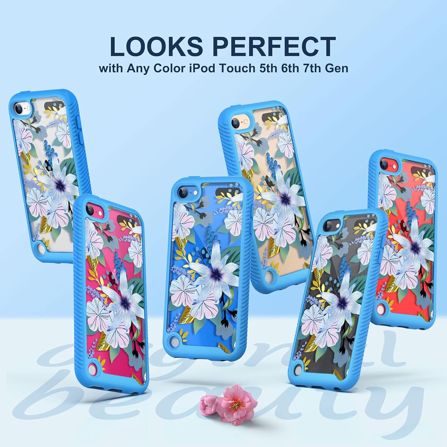 Case Compatible with Ipod Touch 7Th/6Th/5Th Generation with 2PCS HD Screen Protector, Shockproof TPU Bumper 2 in 1 Rugged Back Cover for Ipod Touch 7 6 5, Blossom Blue