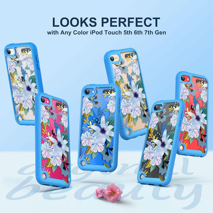 Case Compatible with Ipod Touch 7Th/6Th/5Th Generation with 2PCS HD Screen Protector, Shockproof TPU Bumper 2 in 1 Rugged Back Cover for Ipod Touch 7 6 5, Blossom Blue