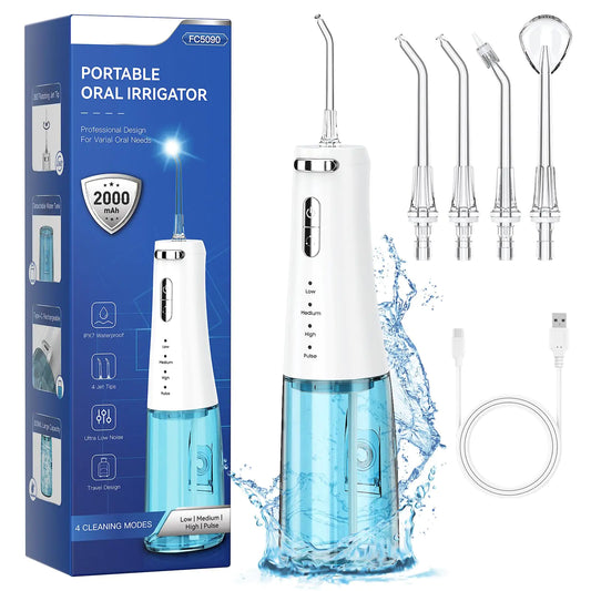 Cordless Water Flossers Picks for Teeth IPX7 Waterproof Portable Water Flosser with 4 Pressure Modes 2000mAh Rechargeable Water Dental Flosser for Home Travel (White)